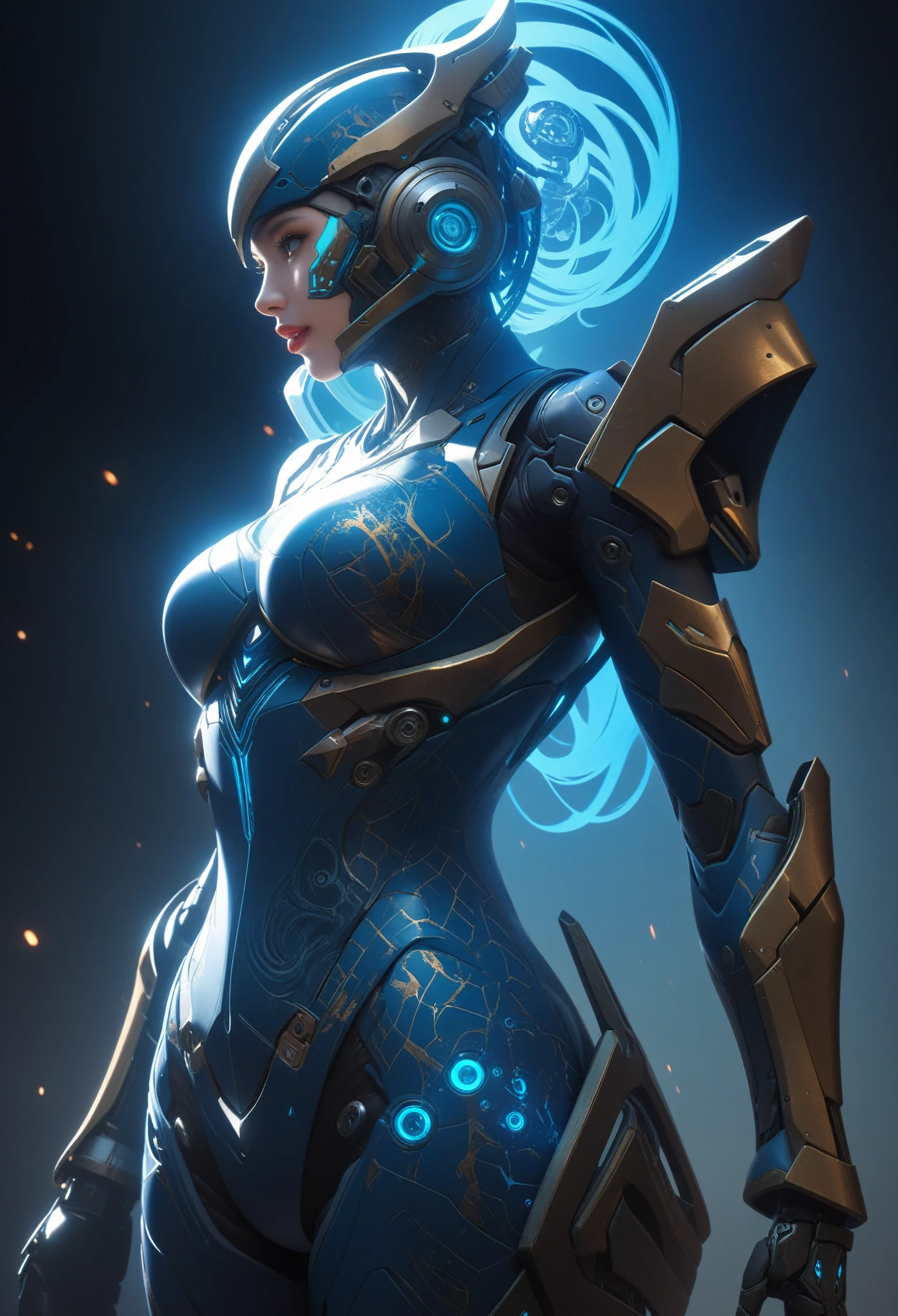 score_9, score_8_up, score_7_up, Wear blue and wite mechanical clothing, Wonders of the machine, cyber, Cybernetic Guardian, Futuristic Armor, whole body, Front pose, Symmetric, Complex (Steel Metal [rust]), joint, Warframe style, cyborg, Female body armor, (Best Quality, 4K, 8K, High Definition, Masterpiece:1.2), (Ultra Detailed, Realistic, Photorealistic:1.37), detailed fractal patterned skin, cute lips, Bioluminescence, dark aura
