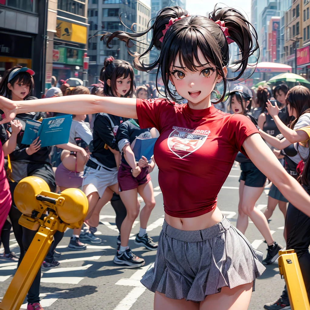 At a bustling city intersection, a group of girls transforms the ordinary act of crossing the street into a lively and unexpected flash mob. As the traffic light turns red, they spring into action, performing a choreographed dance routine that blends hip-hop with traditional dance moves, surprising and delighting pedestrians and drivers alike. One girl, dressed as a conductor, leads the group with dramatic flair, while another girl, skilled in acrobatics, adds flips and spins to the routine, bringing an element of athleticism to the performance. The energy is contagious, and soon the crowd is clapping along, turning a mundane moment into a joyful, shared experience that brightens everyone’s day.