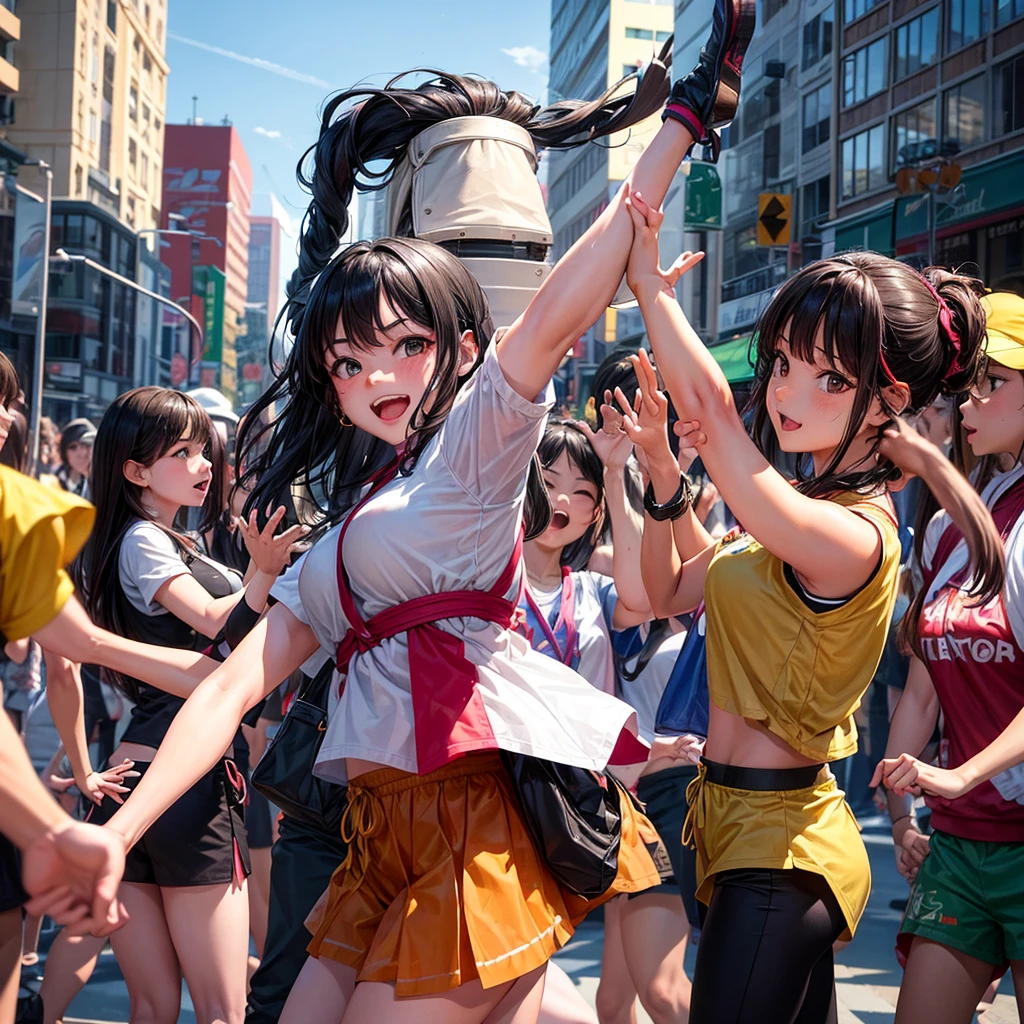 At a bustling city intersection, a group of girls transforms the ordinary act of crossing the street into a lively and unexpected flash mob. As the traffic light turns red, they spring into action, performing a choreographed dance routine that blends hip-hop with traditional dance moves, surprising and delighting pedestrians and drivers alike. One girl, dressed as a conductor, leads the group with dramatic flair, while another girl, skilled in acrobatics, adds flips and spins to the routine, bringing an element of athleticism to the performance. The energy is contagious, and soon the crowd is clapping along, turning a mundane moment into a joyful, shared experience that brightens everyone’s day.