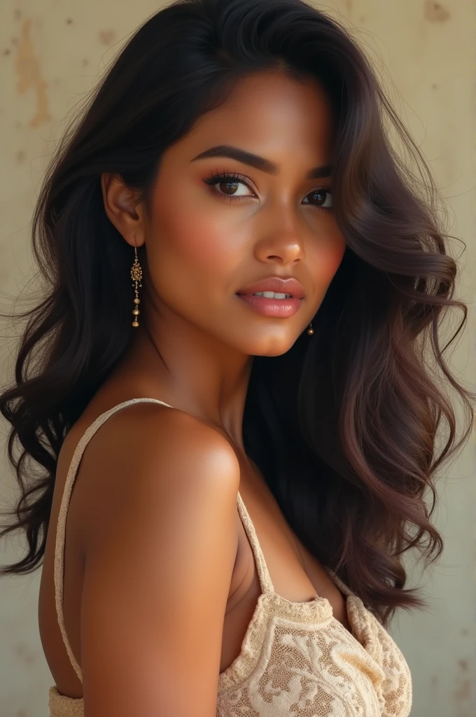 ((best quality)), ((masterpiece)), (detailed), slightly curvy ,woman, broad shoulders, 30's , heart shaped face, wavy shoulder length hair, small eyes,indian look