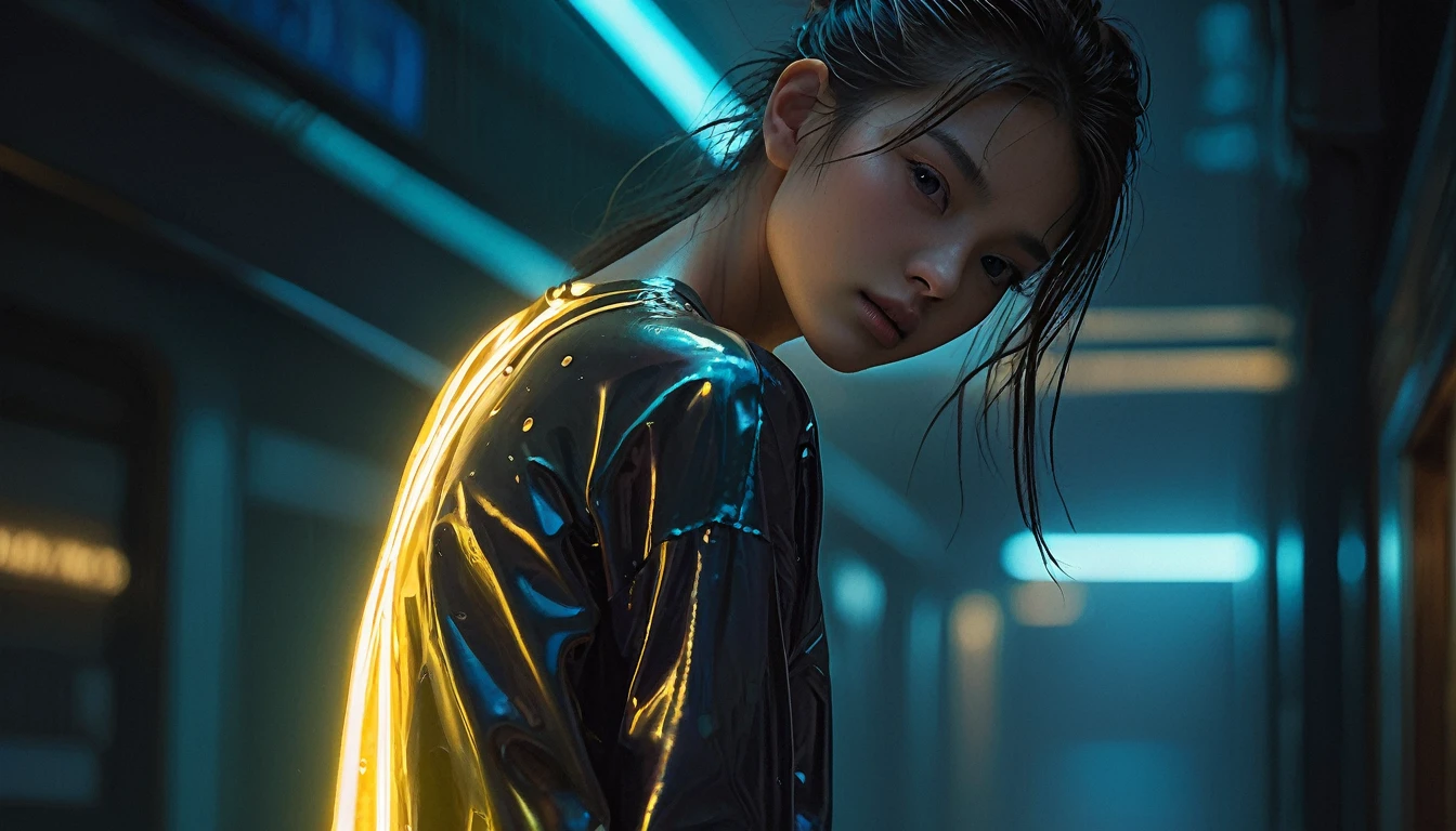 top quality, masterpiece, High resolution, 8k, (((cute skinny girl wearing oversized pleated top and wet leggings, Bare belly, Wide neckline, deep neckline, Large Breasts, Beautiful and delicate eyes, Beautiful and delicate lips, closed mouth, extremely detailed face, Long ponytail, Small hips))), cyberpunk apartment, moody atmosphere, dramatic and random neon colors, futuristic setting, intricate details, night, Backlight, full-body shot, See from a distance 