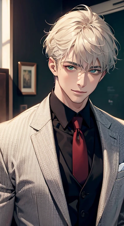 (Highest quality,4K,8K,High resolution,masterpiece:1.2),Super detailed,(Realistic,photoRealistic,photo-Realistic:1.37),1 person,34 years old,Mature Men,Beautiful skin、very handsome,Expressionless smile in love,Short white hair,green eyes,Sharp Eyes,A perfect face without a doubt,Businessman, CEO, Office Background,Cinema Lighting,HDR image,tie、