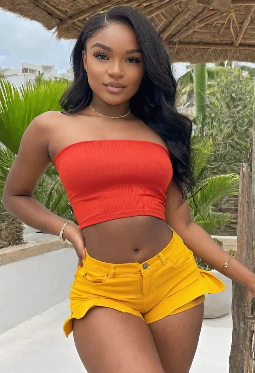 ((high quality:1.2)), (8k), extremely detailed, ((High detail:1.2)), ((best resolution:1.4)), Solo, 24 year old Angolan female, (crop top, mini-shorts),