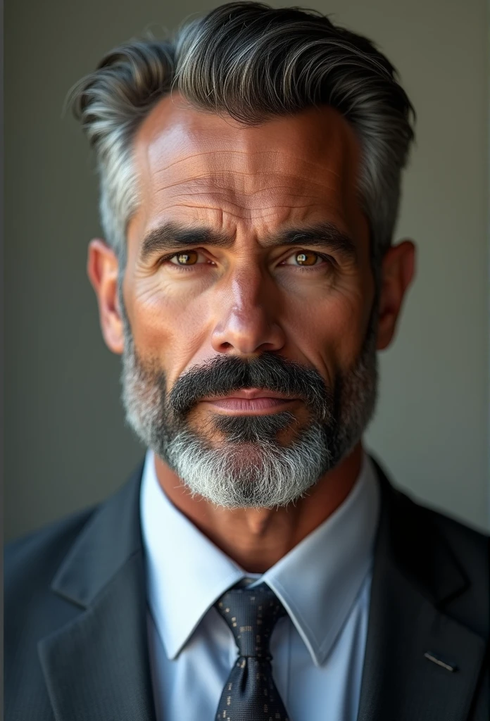 Muscular Brazilian man with beard and mustache in white shirt, best quality,4K,8k,very handsome man with beard, shaved facial hair without hair, solution, Stunning, realistic, image ultra realistic, Natural salt and pepper mustache, old male,photo de portrait douce 8k, very detailed portrait, thick mustache, style hyper realistic, fine and shiny beard, poils courts du visage, Beard Stubble, solution, Detailed face, portrait ultra realistic, grey hair,elegant suit, opened mouth,