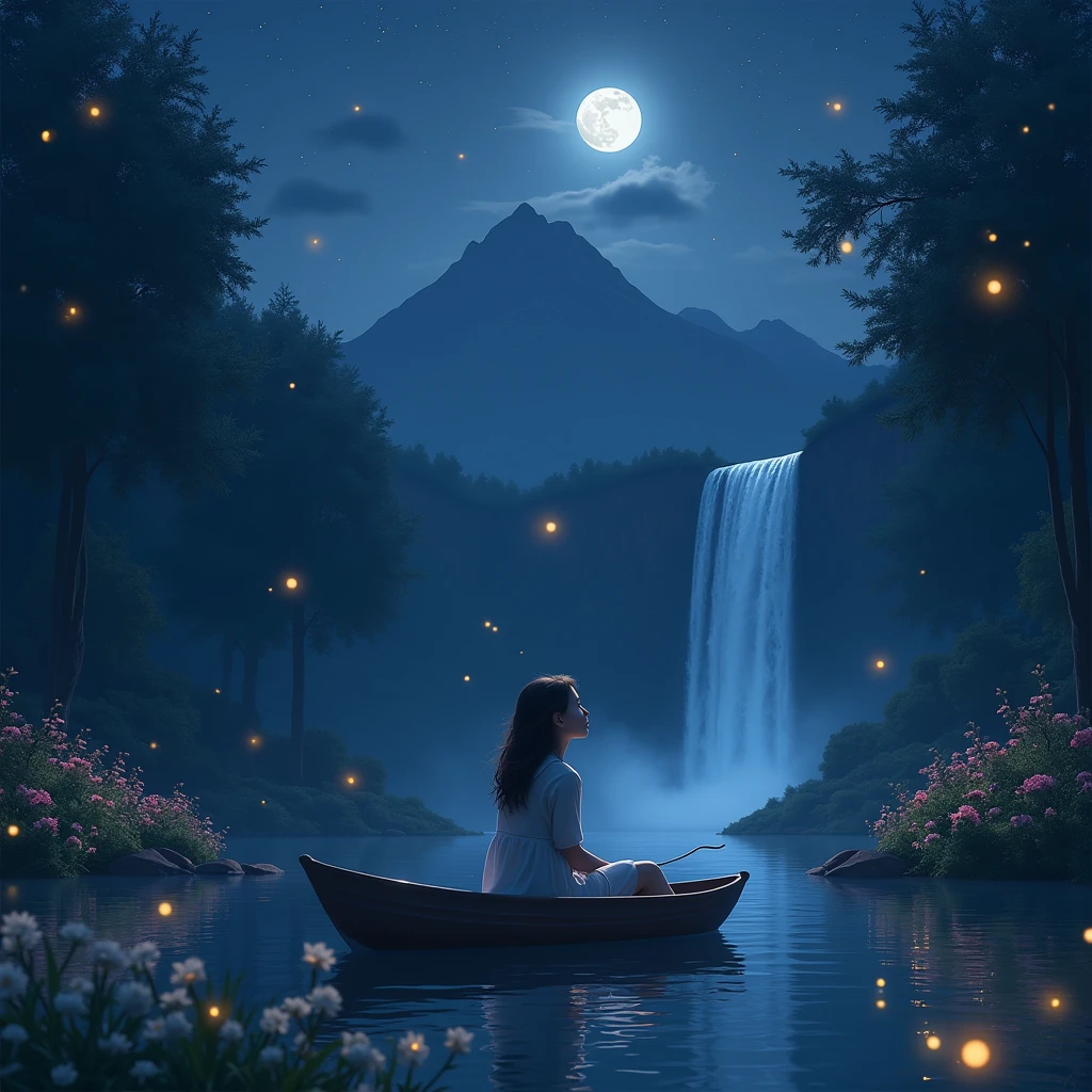 A beautiful girl was watching stars in the dark bluish sky filled with moonlight. It was a dark forest with tall trees and flowers garden. She was on the boat in the lake. The light insect was shining beautiful. The water falls was falling from the mountain