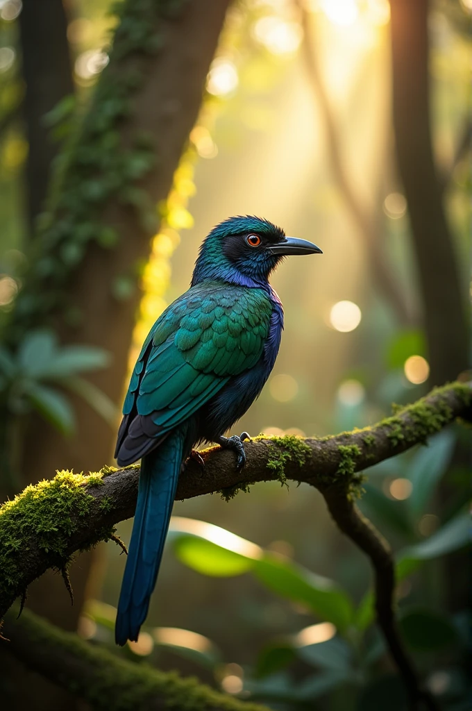 Create a photo with high quality. A photographer is photographing a Nias Beo bird on a tree branch in the forest 