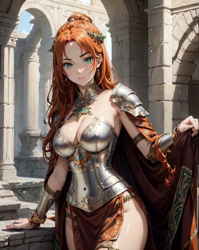 ((no background:1.0)), (cowboy shot), best quality, masterpiece, Solo, detailed beautiful girl, ancient armor, large breasts, open neckline, Loose curly hair, orange hair, forehead, thick eyebrows, straight eyebrows, green eyes