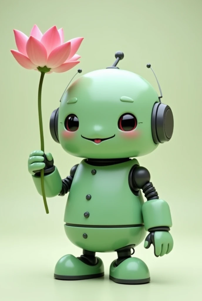 A friendly, chubby, light green robot displaying an open lotus flower in its hand, looking straight ahead.