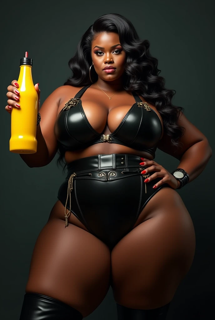 Fat black bbw mistress holding a bottle of yellow mustard 