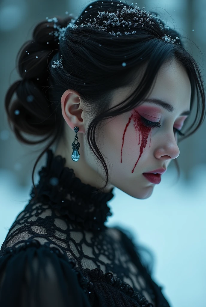 mournful maiden, ethereal beauty, bloody tearsstriked face, sorrowful solitude, silent farewell, snowy twilight, edwardian era, kristian schuller style, fashion photography, soft glow lighting, diagonal angle, shot on leica sl2s, tiltshift lens, high key, ice blue, preraphaelite gothicism, aestheticism elegance, hyperrealism, frosty whisper, delicate lace, snowflakes, wrought iron, winter breath, forlorn hope, icy heartbreak