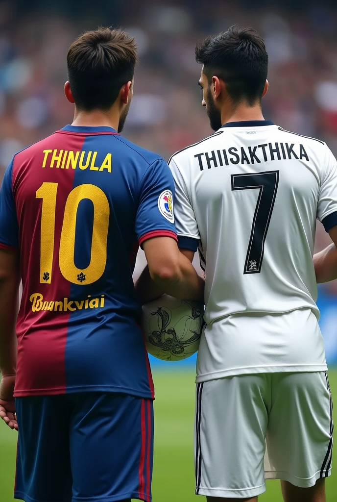 Two football players one is from Barcelona named "Thinula 10" and the other one from Real madrid long sleeved jersey wearing  named "Thisakthika 7" teamed up. Backside photo