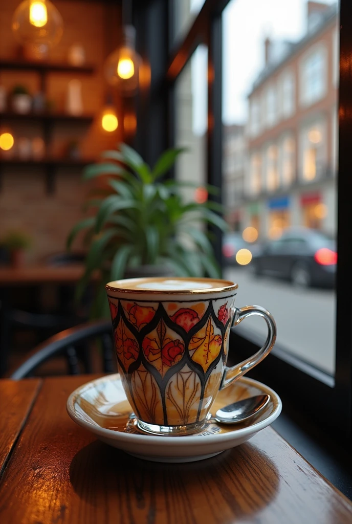 ((stained glass coffee cup))、Stylish coffee shop、Realistic texture、Instagrammable、London scenery、(Overall Image)