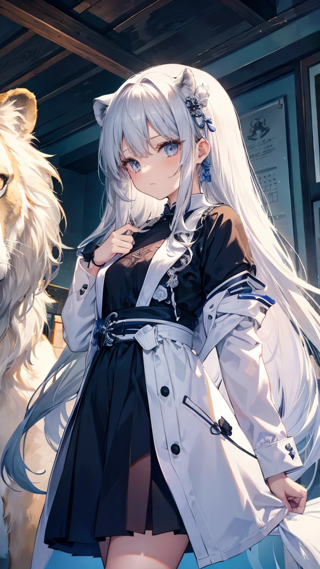 High resolution、girl、Silver Hair、Long Hair,(),Lion&#39;s Ears、Grey Eyes、thin、Toned body、China dress,lanthanum,Mansion,tattoo,