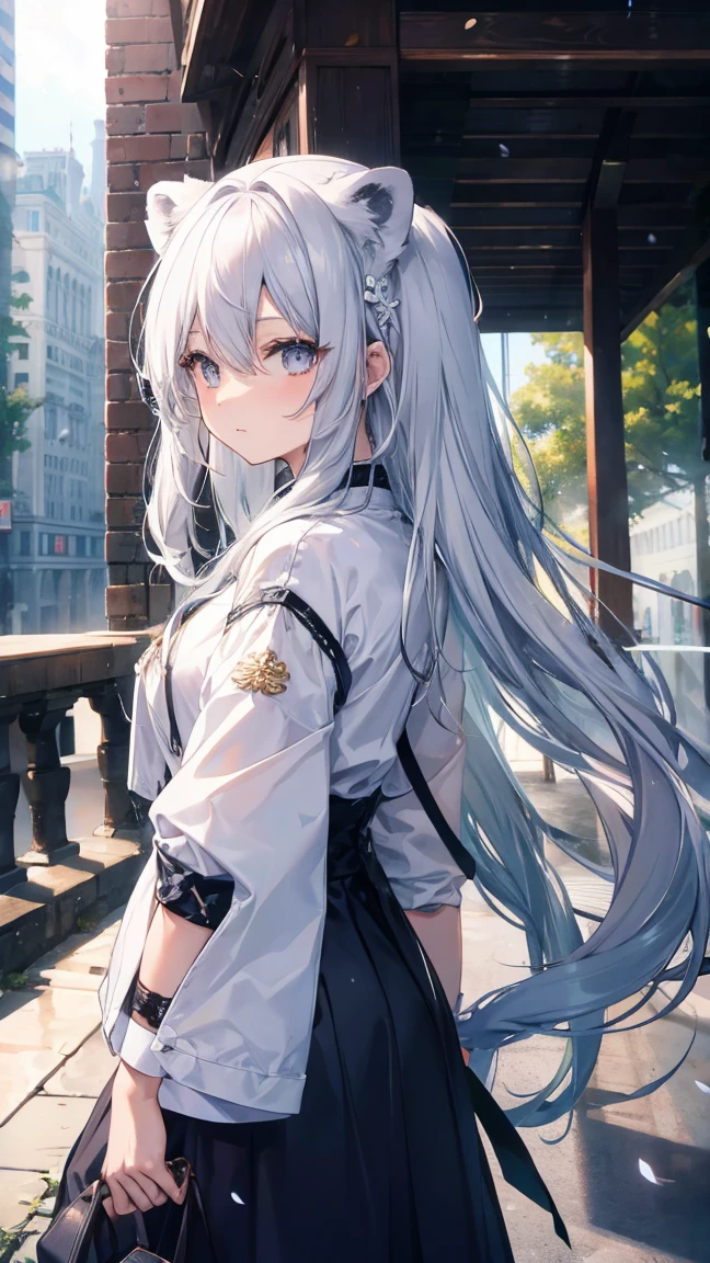 High resolution、girl、Silver Hair、Long Hair,(),Lion&#39;s Ears、Grey Eyes、thin、Toned body、China dress,lanthanum,Mansion,tattoo,