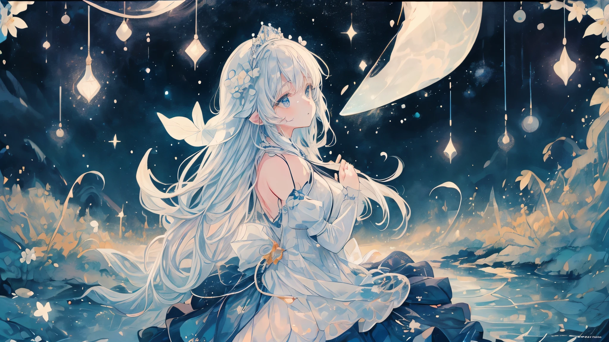 (Mastepiece), (Best Quality), Very detailed, 1 girl, (Full body solo shot:1.5), Perfect Face, beautiful girl, Very detailedな顔,(Blue Princess Dress:1.4)、(Long white hair:1.5),(blue eyes:1.4),(Princess:1.4)、(White flower:1.4)、(Blue Butterfly々:1.3)、(Sparkling:1.3)、night、moonlight、流れstar、(night空、star空、White Moon:1.4)、star々、moonlight、流star群