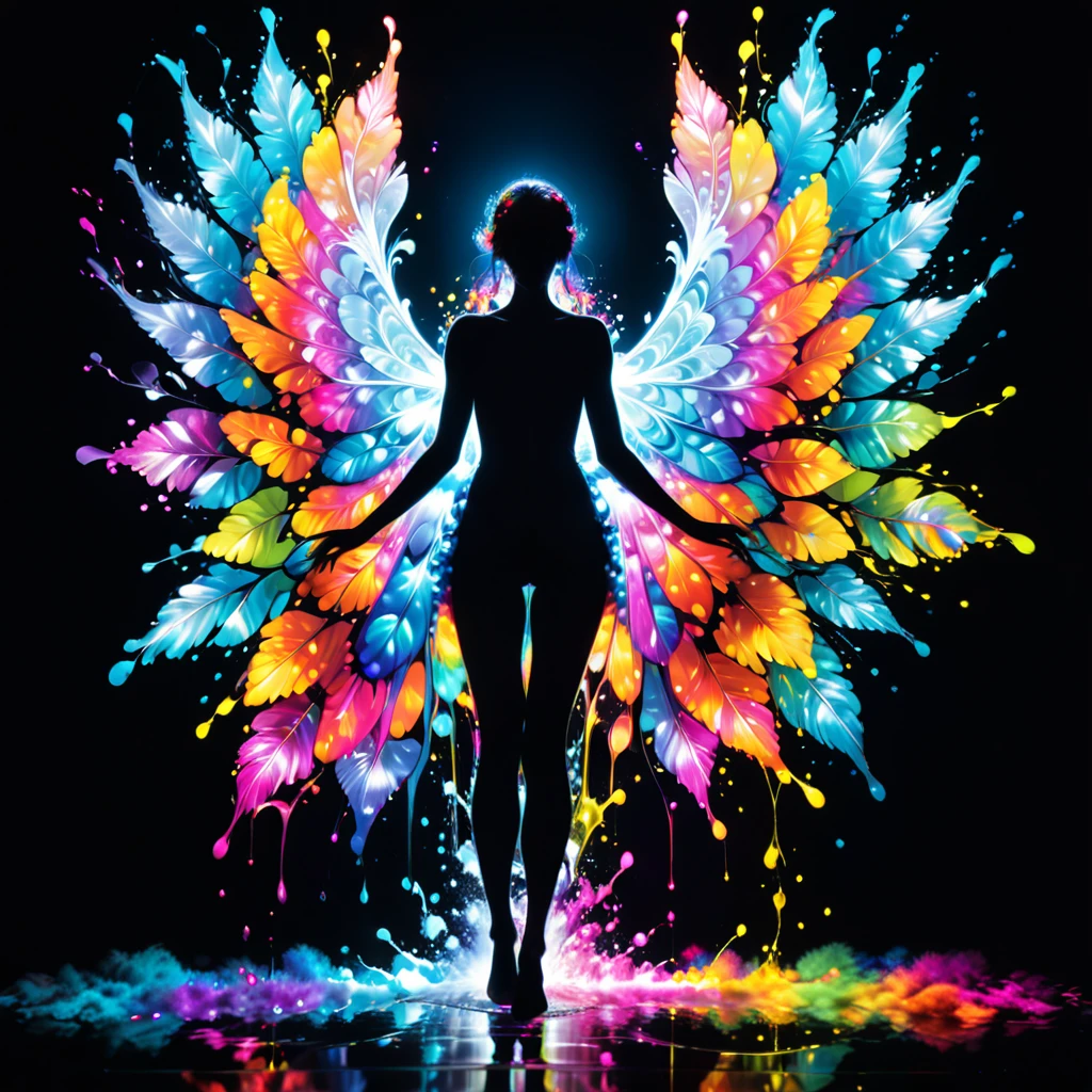 (in style of Nick Veasey:0.6),(blurred butterfly wings:0.7),a  (slender:0.3) ((handsome woman silhouette wrapped in liquid splash made of shiny volumetric Mandelbrot printed on fluffy fur)),glossy,extreme color mixing,divergent light,shiny,vibrant colors,(reflective),volumetric,(angelic aura:1.4),casts bright colorful highlights,refractions,best quality,partially translucent,sharp clear art,self-illuminating,inner glow,((lighting bloom effect)),divine,reflective floor,
a blurred sense of borders,the wings blend in with the background,circular composition,
