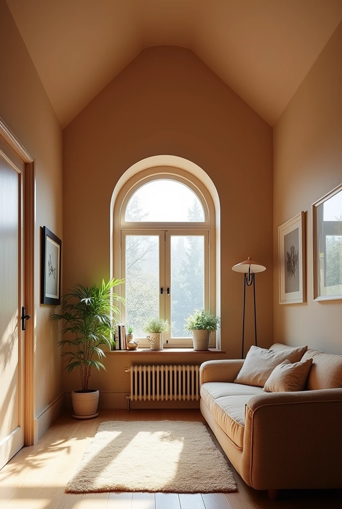 generate a perfect room 2.5 and 3.5 meters where on the long side of the right wall a bevel, like a triangular ceiling, but not the whole room is triangular but just a bevel, left at the beginning of the room (if the room is vertical) and in front of the wall a window