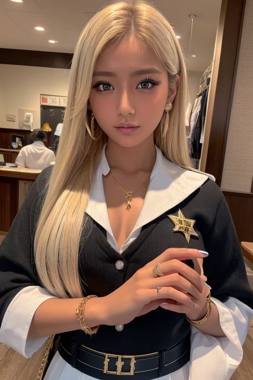 (Highest quality、4K、8k、High resolution、masterpiece:1.2)、Very detailed、(Genuine、Realistic、Realistic:1.3)、((Worn uniform))、Ear Piercing、Belly button piercing、Japanese、high school girl、blonde、Gal Makeup、Gal Fashion、Gold bracelet、Gold Necklace、Flashy Nails