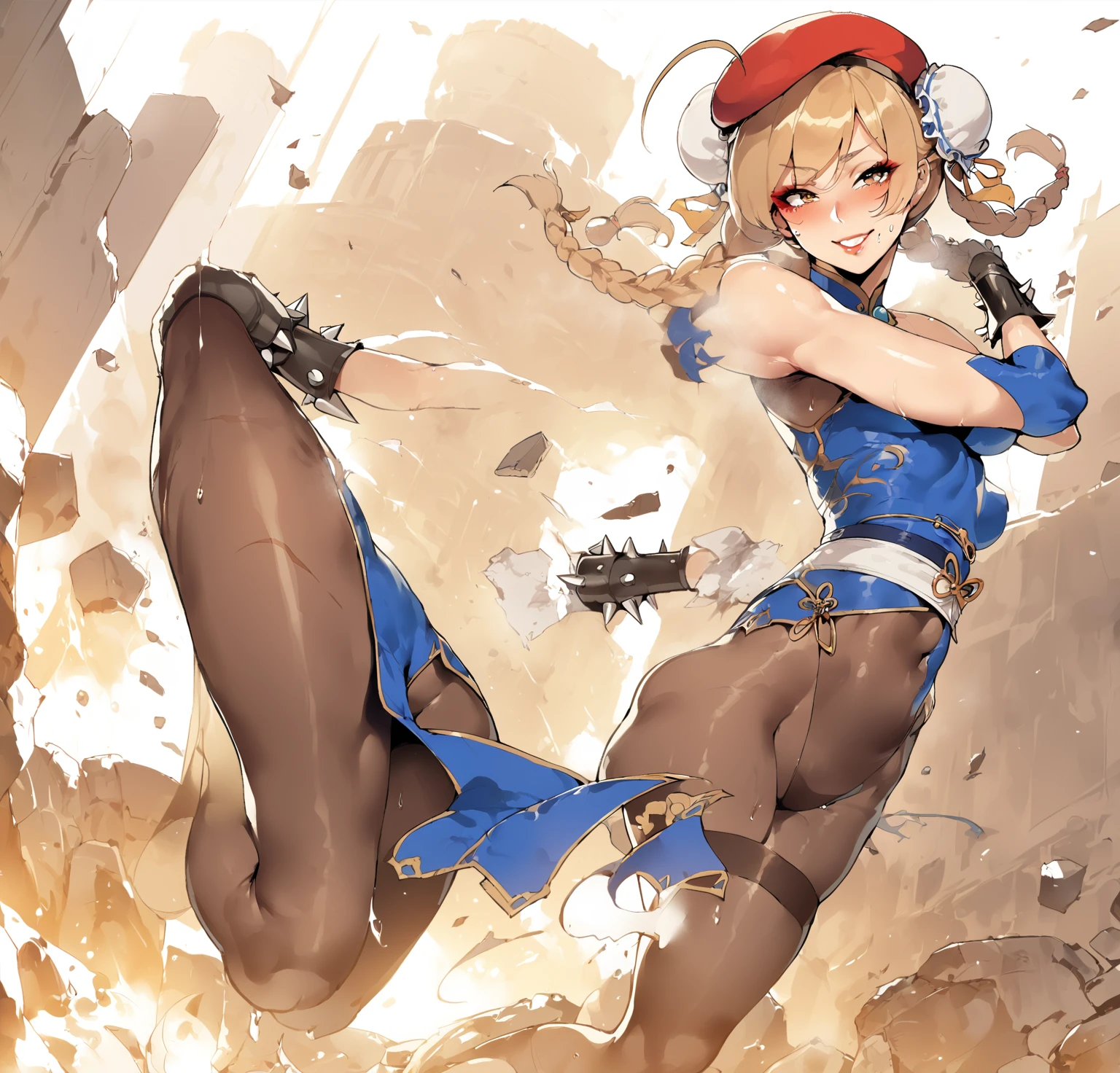 masterpiece,best quality,extreme detail,8k,cammyfn, 1girl, solo, Cammy, long hair, breasts, blue eyes,brown blonde hair, large breasts, gloves, red hat, braid, ahoge, twin braids, leotard, lips, makeup, beret, scar, antenna hair, nose, harness, huge ahoge, green leotard,sleeveless, sweaty,sweat, exhausted,sleeveless,cross eye, full body , 1girl, (solo:1.2), (jumping:1.3), (mid air:1.3), (cowboy shot:1.5), smile, happy, (masterpiece:1.3), (best quality:1.3), (perfect anatomy:1.4), highly detailed, chun li, brown eyes, short hair, double bun, bun cover, blue dress, pelvic curtain, spiked bracelet, sash, brown pantyhose, (post fight scenery:1.3), rubble, outside, daylight, nyantcha, expressive faces, anime-inspired, (cell shading:1.2), lips, merging