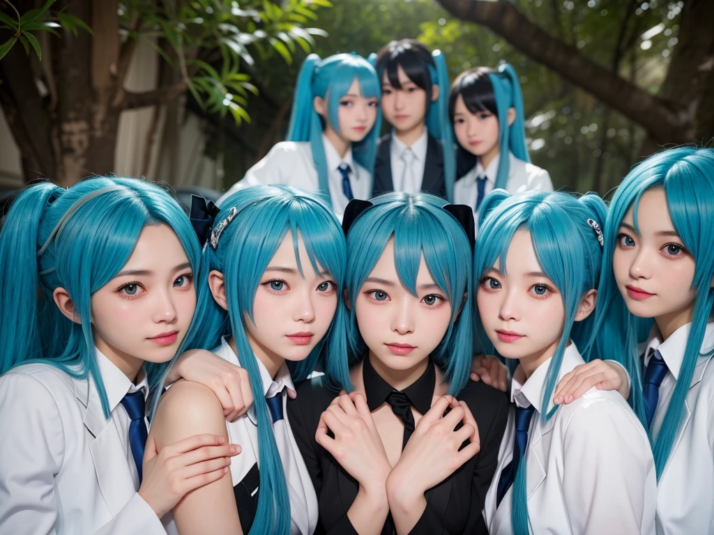 (8k, Ultra-high resolution, Highest quality, masterpiece: 1.3), (Insincere laughter), (avoid), (18-year-old: 1.8)、(Hatsune Miku: 1.9)、cosplayer、Japanese Girls、Big Breasts、Beauty、Beautiful Skin、(Big Breasts: 1.5)、((There are many cloned humans who have the exact same face and body shape as the cosplayer girls: 1.6))、Hatsune Mikuだらけ、Hatsune Mikuの増殖、Hatsune Mikuの群衆