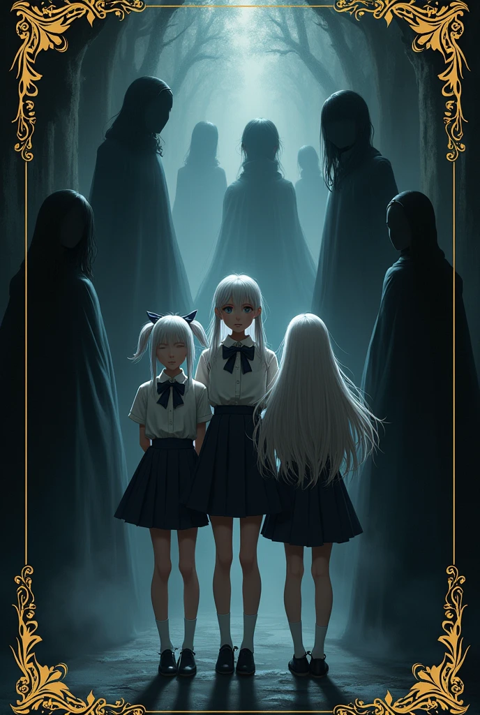 Make me a cover around it with a gold design, black background, "with several humanoid black shadows around that are scary like ghosts", three girls in the middle, teenagers in school uniform, all three with white hair, different hairstyles each, A girl with a bow , mysterious atmosphere 