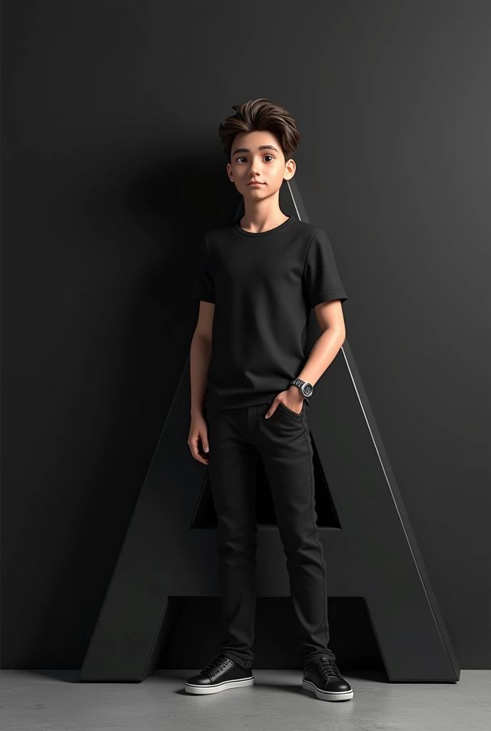 realistic cute stylish attitude boy standing up leaning on a Large Black 3D “E” name letter side and face down. boy wearing black full t-shirt and black jeans, black shoes, watch stylish hair, The background black wall should ensure that the name is not misspelled