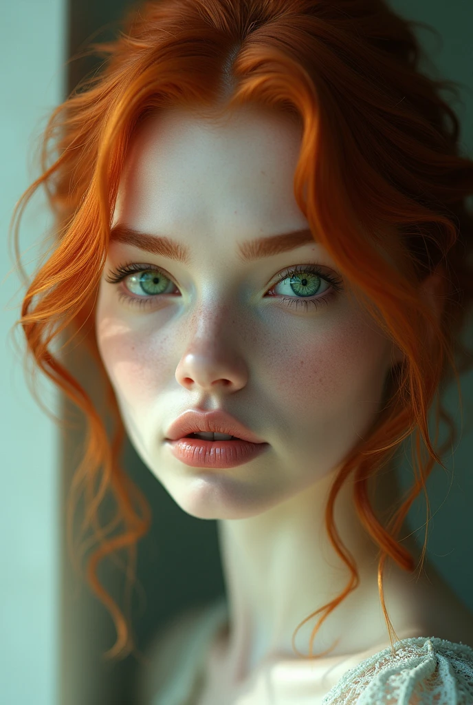 Red-haired woman with glasses, emerald green eyes, a turned-up nose, white skin, full lips, arched eyebrows and a fox-like look