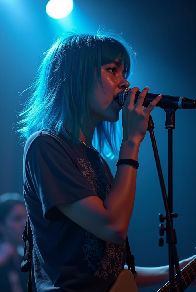 A with blue, medium-length hair who likes rock., I was singing in a rock band as the vocalist, without any instrument.