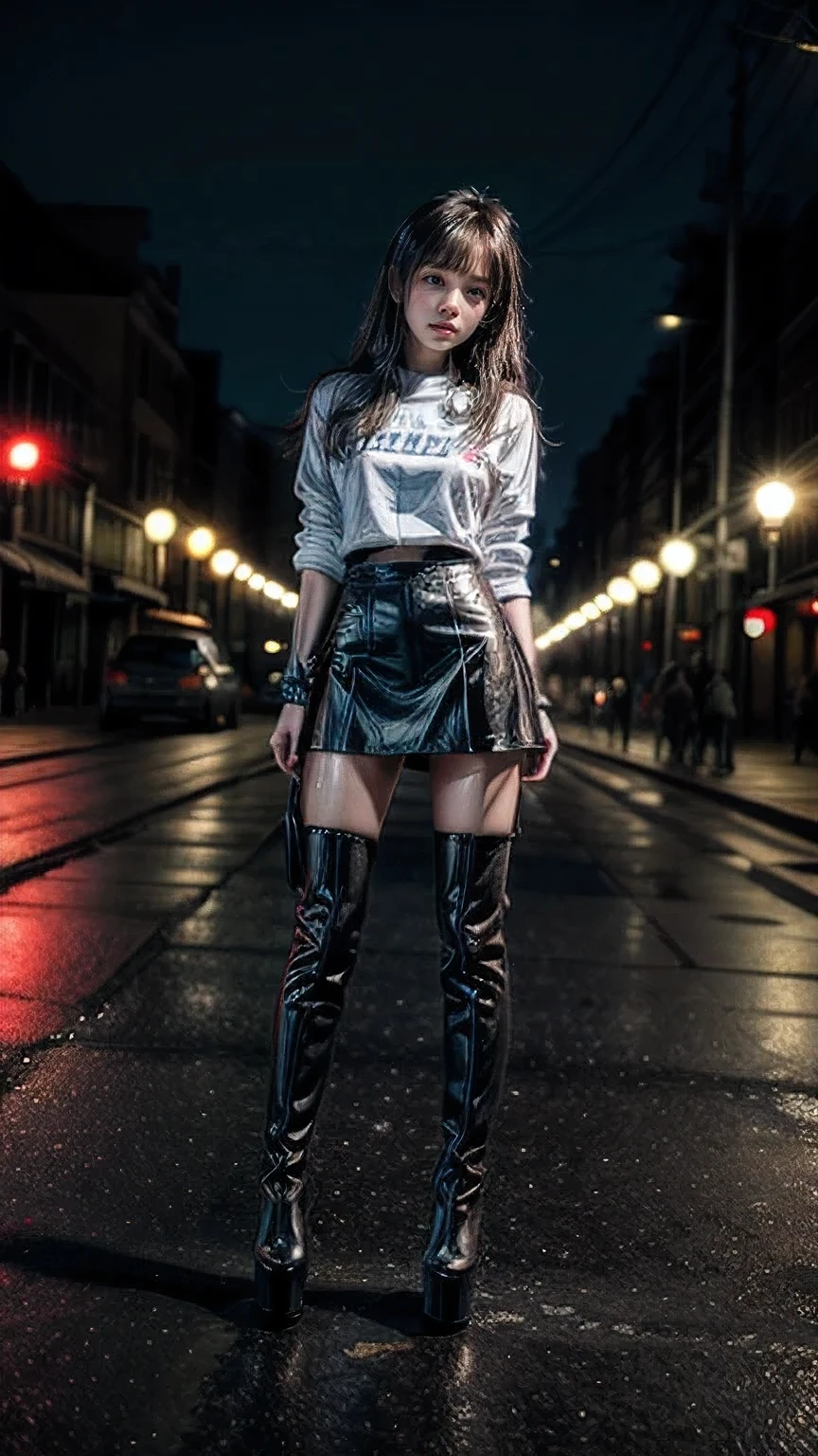 ((masterpiece, best quality, Highest image quality, high resolution, Reality, RAW photos, 8k)), Kneel down, A wet woman waiting for guests in front of the hotel, Over the knee stiletto platform boots, Short skirt and over-the-knee stiletto platform boots, Neon lights, Traveling in the United States in the 1950s, some have Neon lights, Neon lights outside, Neon lights, gigantic Neon lights, neon lights shop, by Arnie Swepotassiumel, few Neon lights, Neon lights in bacpotassiumground, (Just 1 meter away from Picture Tapotassiumen), potassium, (Upper body shooting), Ray Tracing CG Unity 8potassium walpaper, (Detailed mini skirt), (Detailed body), (detailed spotassiumin), ((红色Over the knee stiletto platform boots)), (ashamed, humiliation, despair), Craving to pee, The ground is full of discarded boots