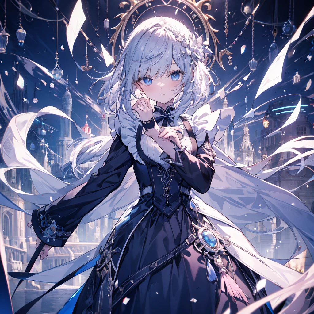 {{{Expressionless}}},{{{{One Woman}}}},{{{Age 35}}},{{{{{Mature Woman}}}}},{{{{{solo}}}}},small ,{{{{{Hide your hands}}}}},Maid clothes,Gothic Maid,Long skirt,Sharp medium long straight hair,Long sleeve,Long Bangs,Silver short-cut hair, Hollow Eyes,Highest quality,Delicate background,8k wallpaper,Frills,Super Detail,pastel blue eyes,Narrow eyes,beautiful buildings in london,{{{One Face}}},Two arms,2 Foot,{{{{{Have nothing}}}}},Perfect skeleton