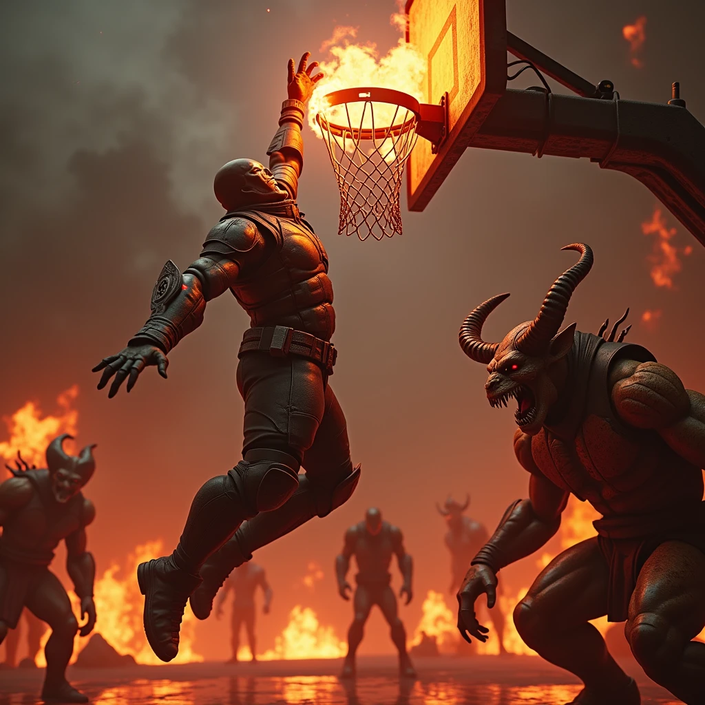 CGI effect of the masked ranger from “((Doom-Eternal published by Bethesda Softworks))” scoring an impressive jumping shot in basketball through a flaming hoop, as the horned muscular cacodemon watches below in anger. Hellish fiery Doom enemies are watching the match, high-resolution 3D rendering, ((realistic textures)) and lighting, dynamic motion blur, particle effects for flames, volumetric smoke, ray-tracing, cinematic composition, intense color grading with deep reds and oranges, high contrast shadows, specular highlights on armor and demon-skin, depth of field focusing on the ranger mid-jump, rendered in Unreal Engine 5 with advanced post-processing effects. 