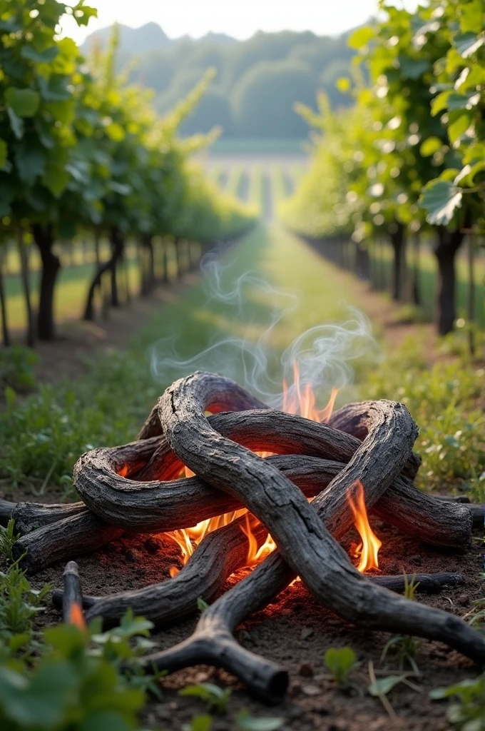 Create dried vine shoots in a vineyard tied by burning 