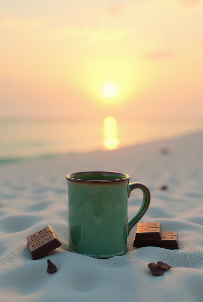 Coffee mug green sunrise white beach dark chocolate