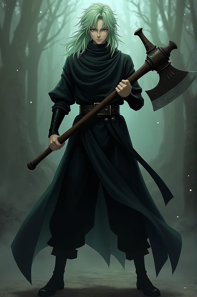 Nam Kimetsu yaiba, light green hair, black fabric, dùng Rìu chiến