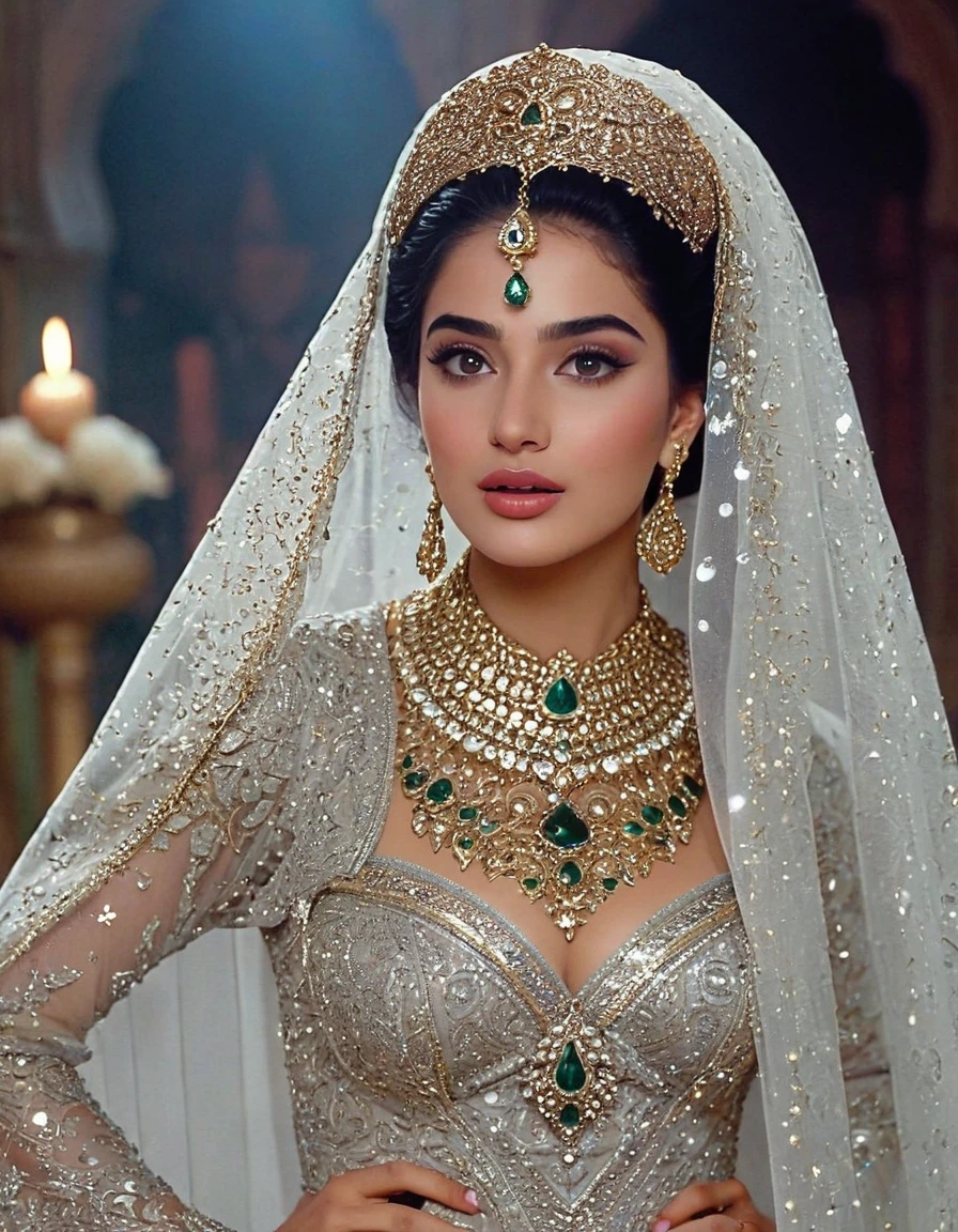 alluring celestial and sexy and charming and too much beautiful and elegant Hazrat young cinderella( نبي الله سندريلا صلى الله عليها وآله وسلم) 1990 live - action movie first look, grainy, vhs filter, wearing glittery tulle cape and glittery tulle cloak as ancient and enigmatic muslim prophetess with irresistible holy and too much seductive and impressively too much sensual aura, invites the wretched and beggers to islam and monothemism and allah, her jewelries and dress sparkles intensely shiny, seeing her beauty and sensuality and allure makes someone to drool too much from his mouth and feel too much ecstasy, breathtaking scene