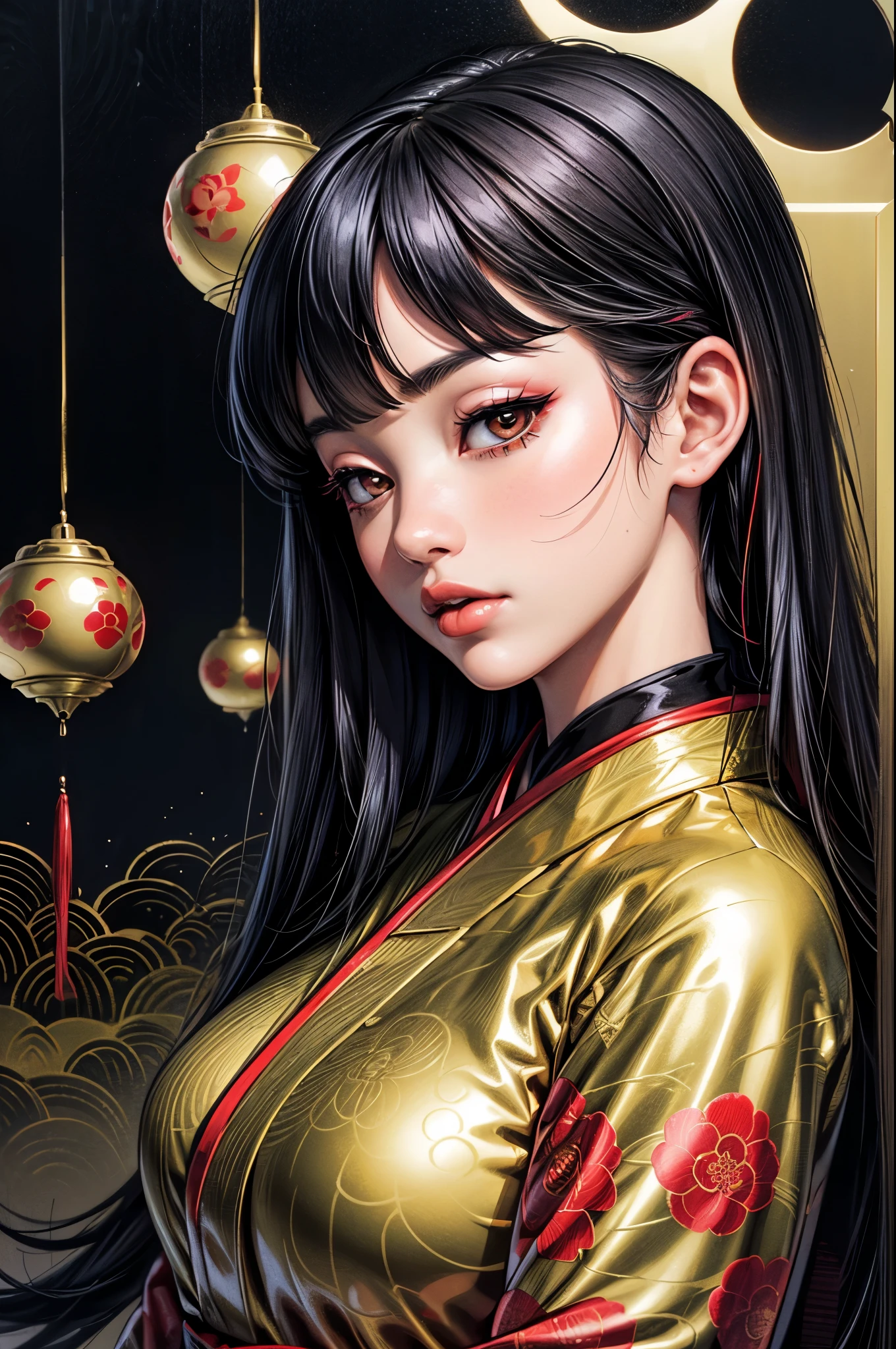 black widow in a sexy revealing golden red kimono dress with a gold halo, japanese goddess, chie yoshii, elegant japanese woman, revealing look, portrait of a beautiful geisha, intricate sexy geisha kimono, japanese art style
