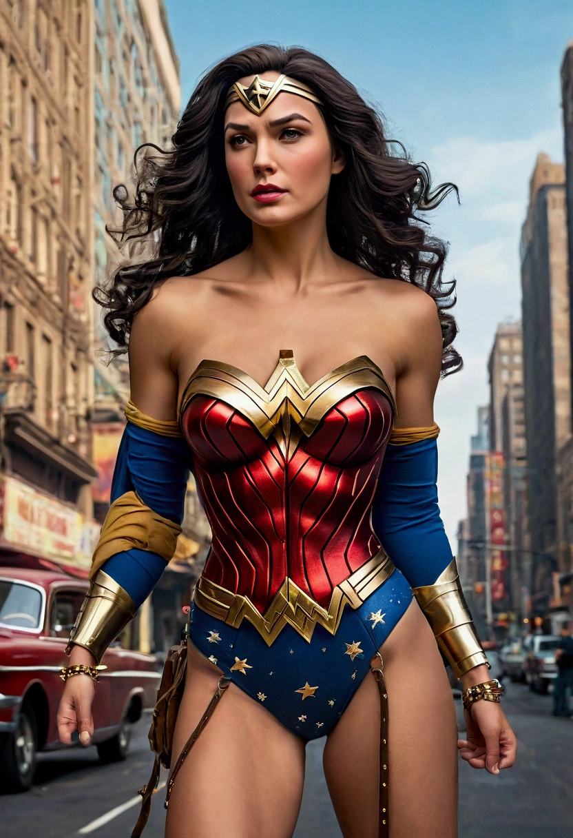 Realistic, classic comic-style Wonder Woman, her voluptuous figure accentuated by her iconic red, blue, and gold costume. Her ample bosom is barely contained by her star-spangled bustier, the fabric stretching tautly over her generous breasts, which are perched high and proud, with voluminous cleavage that demands attention. Her broad, powerful shoulders lead to a cinched waist, emphasizing the dramatic curve of her exaggerated hourglass figure. Below her waist, a pair of tight-fitting, high-cut shorts hug her shapely hips and showcase her massive, round buttocks. The shorts are so snug that they create a wedgie, revealing a hint of the red fabric that lies beneath, which matches her heroic top. The scene is set in a retro, 1940s-inspired cityscape with vibrant colors that pop against the stark, bold lines of the illustration. The background is filled with the chaos of a bustling metropolis, complete with vintage cars, skyscrapers, and pedestrians in awe of the Amazonian warrior. She stands tall and confident, one hand on her hip, the other gripping her golden lasso, which drapes over her shoulder and down her back, highlighting her incredible physique. Her golden belt is cinched tightly around her midriff, drawing the eye to the tantalizing gap between her thighs. Her legs are long, muscular, and unblemished, ending in a pair of sturdy red boots that come up to mid-thigh, which show off her shapely calves. Her dark hair flows freely in the wind, framing her beautiful face, which is filled with determination and a touch of sass. The iconic eagle-emblazoned bustier is adorned with metal studs that glisten in the artificial light, and her gold bracelets gleam as they clasp around her wrists. Her eyes are piercing, a brilliant blue that seems to bore into the soul of the beholder. The overall look is a blend of old-school comic charm and modern sex appeal, bringing the legendary heroine to life in a way that's both familiar and alluringly provocative.