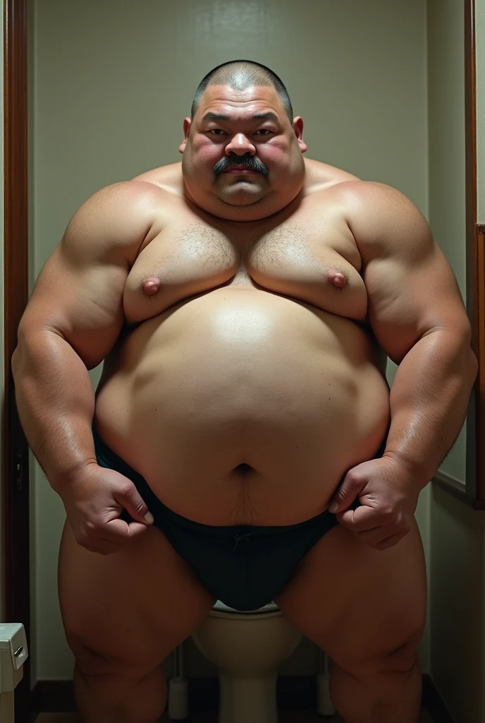 Photorealistic、Japanese、middle aged、Thick、Single eyelid、Six-headed、Soft impression、50s、Metabolic、Short moustache、Short shaved head、square、whole body、Muscle Bear、Japan、same- love、indoor、Cocectioody、fat、Giant、Masturbation、Thck arms、Thick face、Fat、muscle、Thick waist、Fat Belly、Short beard、Dark skin tone、Glare、Short arms、Short legs、Bodybuilder、Hairy、Chinese Squat、Thick waist、Thick neck、Thanos、Looking up angle、Plump、Pleasant face、Wipe your ass、Japanese-style toilet、L- Angle、