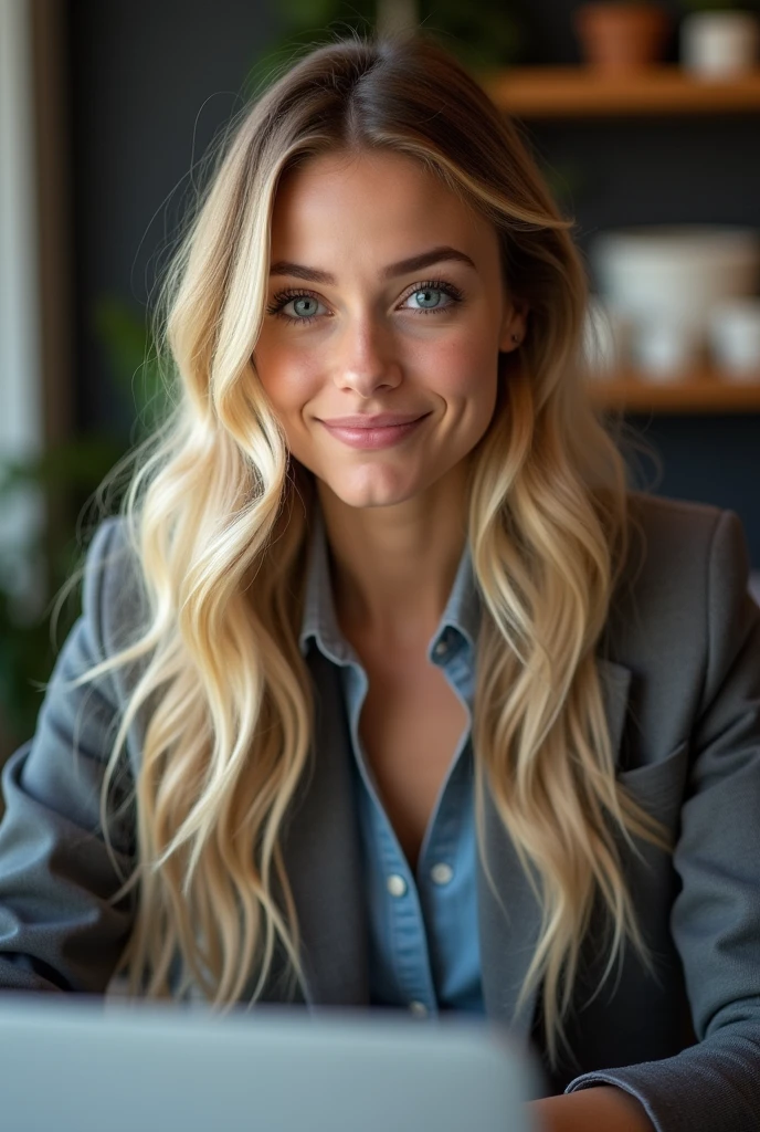 une belle fille aux longs cheveux blonds, suedoise, yeux détaillés bleu, nez, et les lèvres, porter une tenue professionnelle, assise dans son bureau, ordinateur HP (Meilleure qualité,4k,8k,haute résolution,chef-d&#39;œuvre:1.2),ultra-détaillé,(Réaliste,photoRéaliste,photo-Réaliste:1.37),HDR,éclairage de studio,visage et corps extrêmement détaillés, portrait,Éclairage cinématographique,Éclairage dramatique,tons de couleurs chaudes,couleurs dramatiques