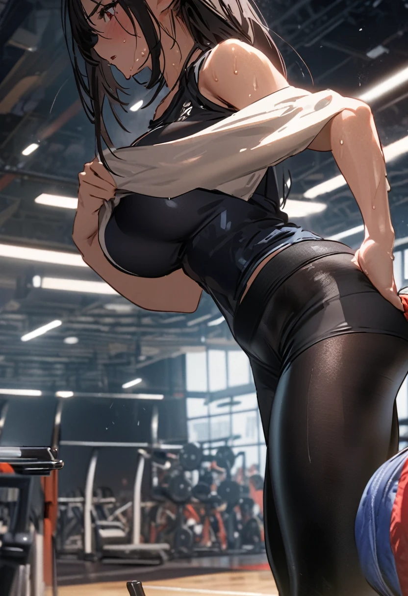 Tifa Lockhart in sexy and tight leggings, with sports clothes in the gym wiping off the sweat, High Resulution, UHD, detailed image.