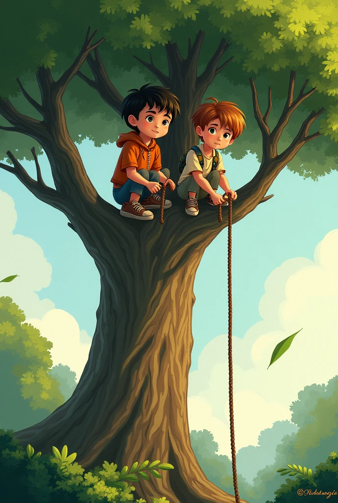 Two children are standing on a tree, lowering a rope down.