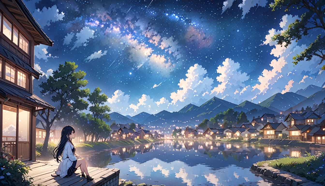 sky, star (sky), scenery, starry sky, night, 1girl, night sky, solo, outdoors, building, cloud, milky way, sitting, tree, long hair, city, silhouette, cityscape