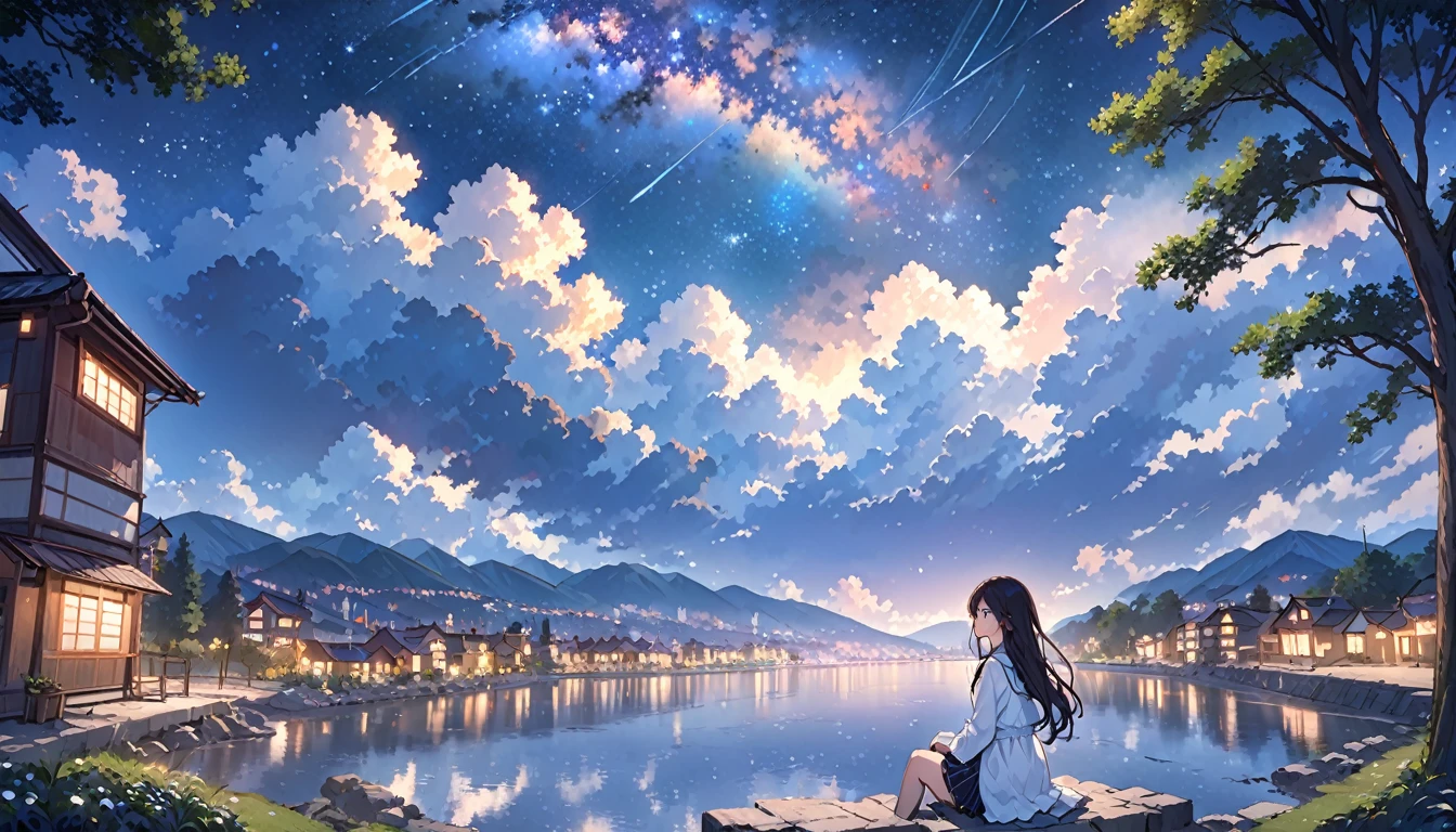 sky, star (sky), scenery, starry sky, night, 1girl, night sky, solo, outdoors, building, cloud, milky way, sitting, tree, long hair, city, silhouette, cityscape
