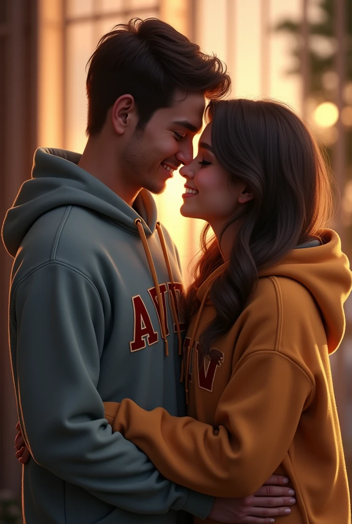A couple wearing a hoodie with the initials A and V on it