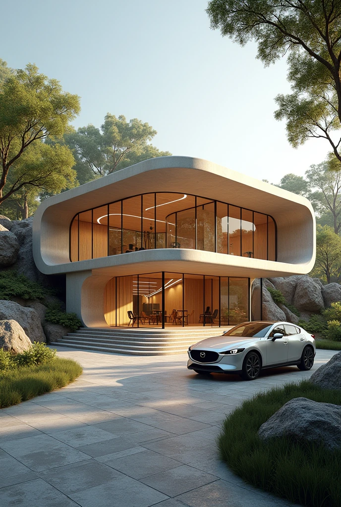 Create an image of a car dealership with the concept of the Mazda brand, In this for the design, base it on the use of the philosophy mud, For the volumetric use the curves of your logo 