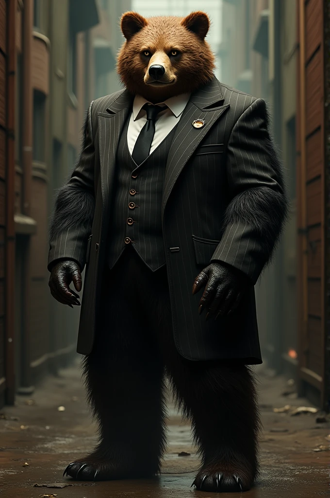 A half-human bear in a gangster suit