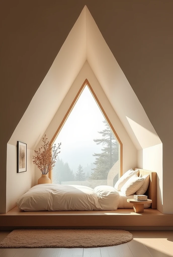 generate a perfect room 2.5 and 3.5 meters where on the long side of the right wall a bevel, like a triangular ceiling, but not the whole room is triangular but just a bevel, left at the beginning of the room (if the room is vertical) and in front of the wall a window