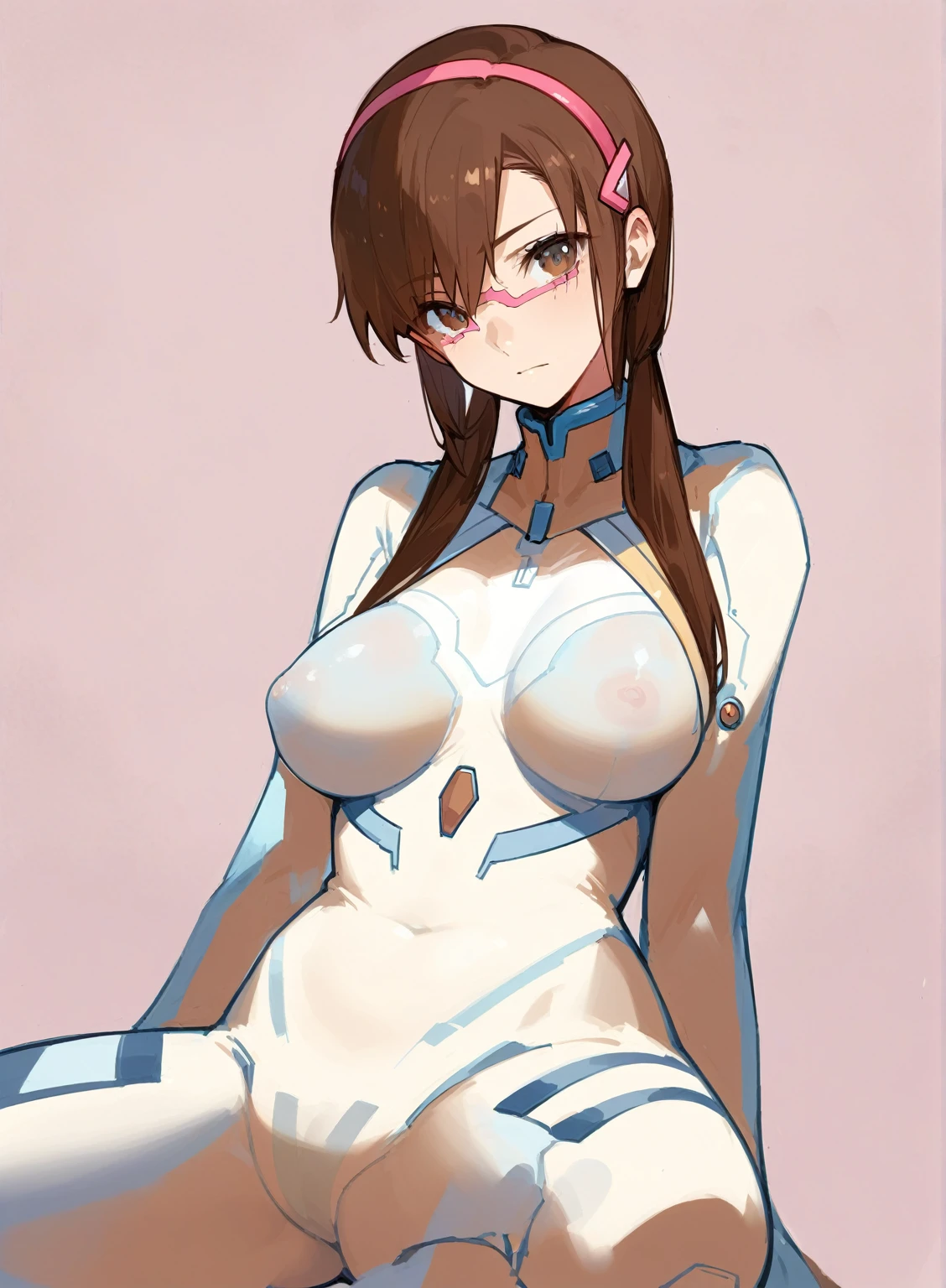(Highest quality),(8k),Glossy see-through bodysuit,Beige chest,Beige crotch area,Dark beige bodysuit,Brown Hair,Pink accessories,An anime girl with large breasts sitting on a chair with her chest exposed, Biomechanical Boobs, BoobsCyberpunk, White color see-through Asuka suit!, Makinami, High resolution consignment,