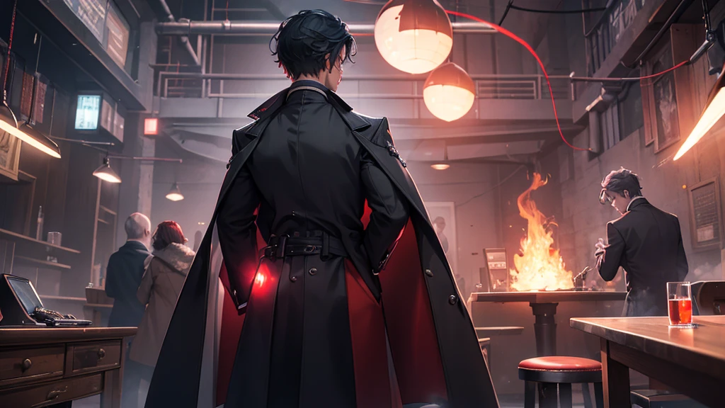 A man in an overcoat, with his back to us, is fiddling with a technology table with red energy emanating from it..