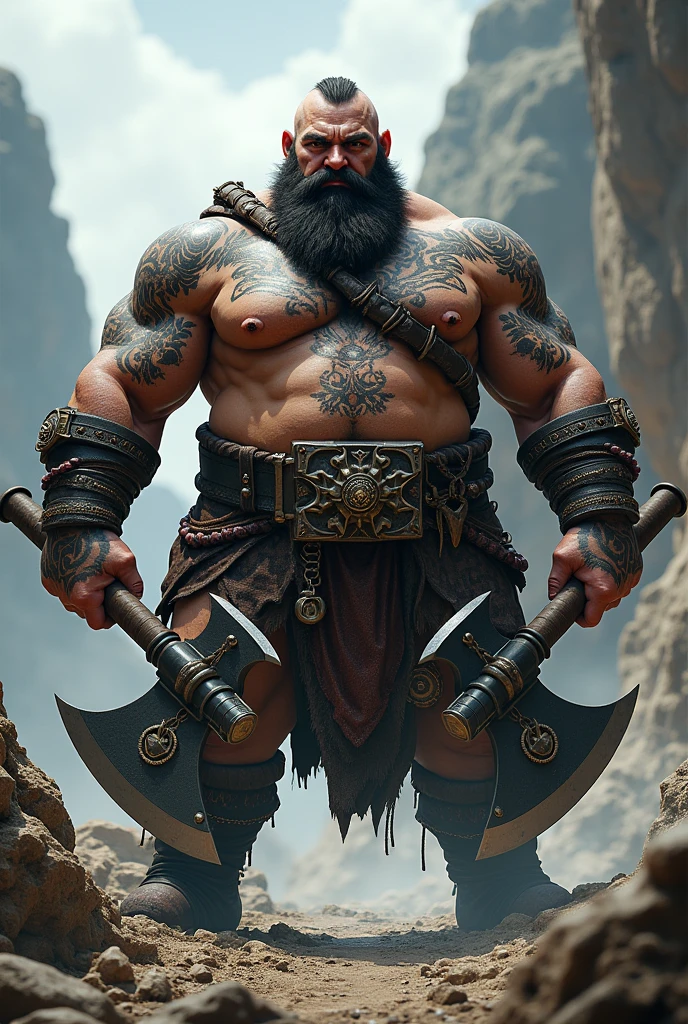 25 year old tattooed dwarf holding an axe with both hands